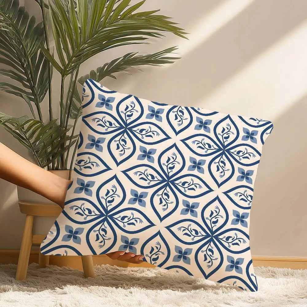 Ink blue geometric plush pillow cover with modern abstract pattern on soft fabric