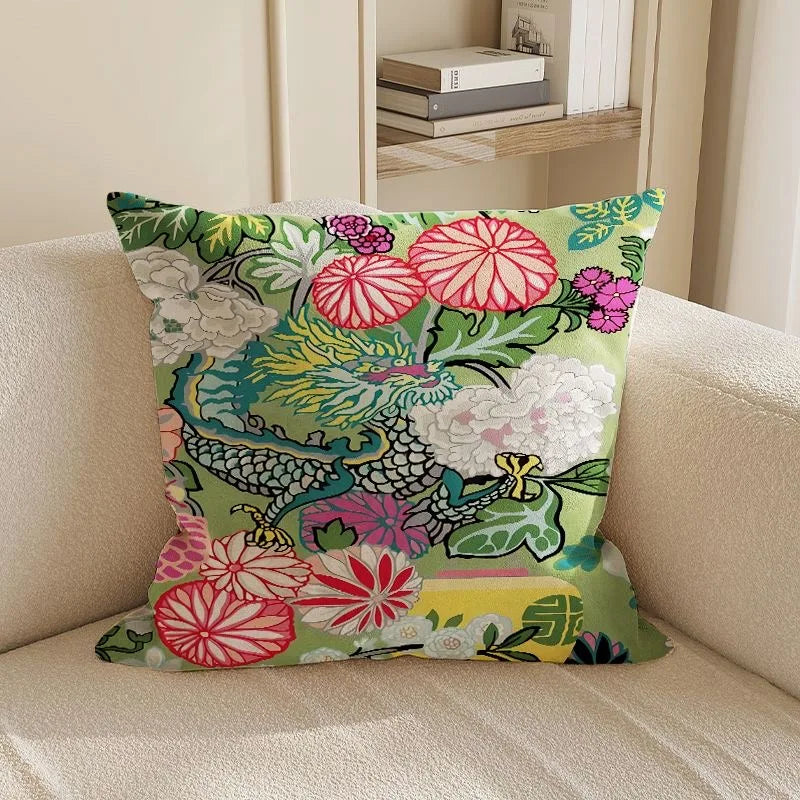 Decorative pillow with floral pattern on a beige sofa