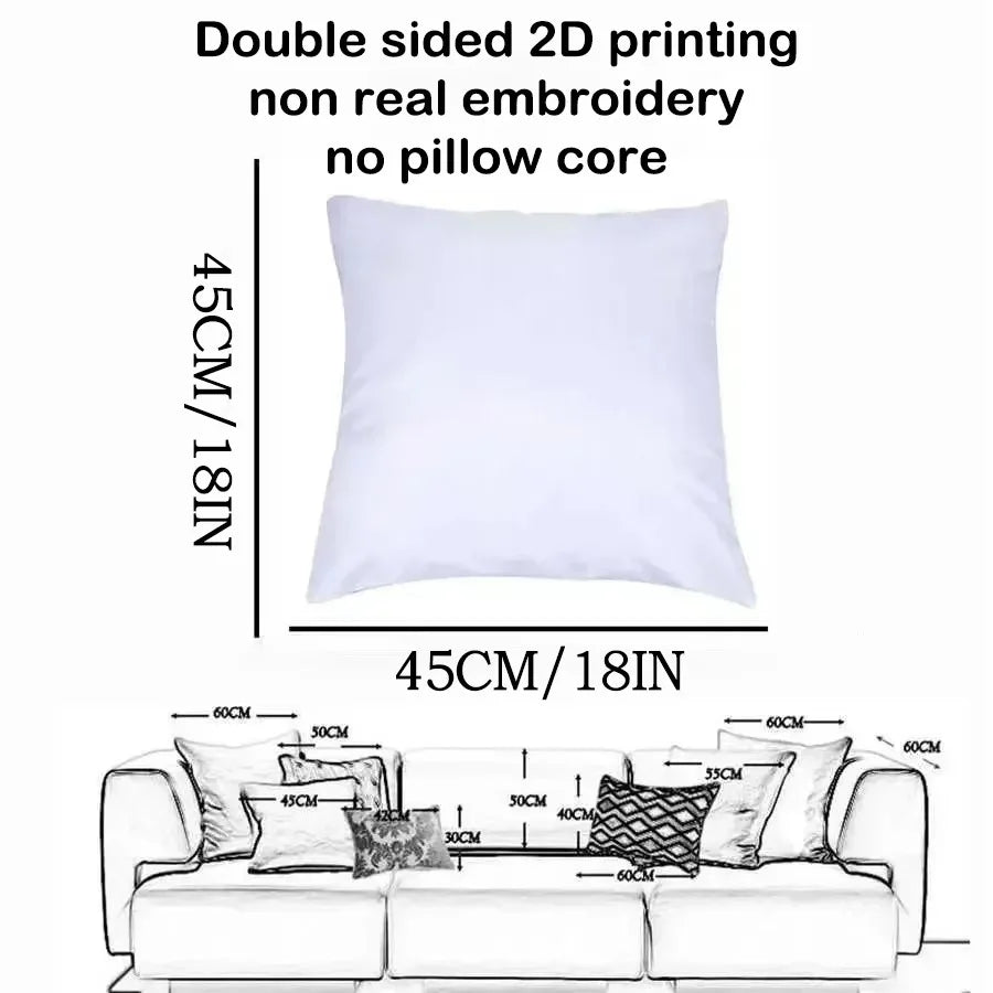 White pillow with dimensions and a sofa illustration showing its use.