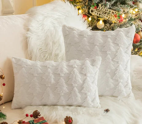 White christmas pillow cover with snowflake and tree pattern in festive winter design