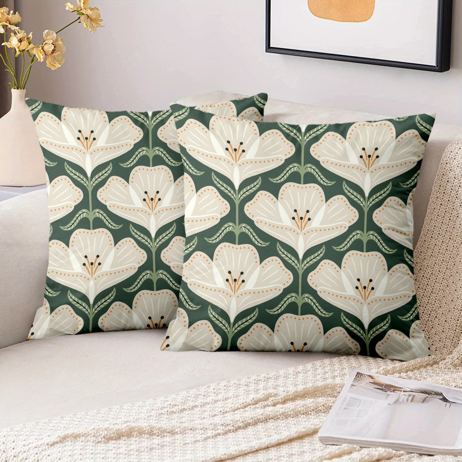 Green floral back cushion pillow cover with botanical pattern on soft durable fabric
