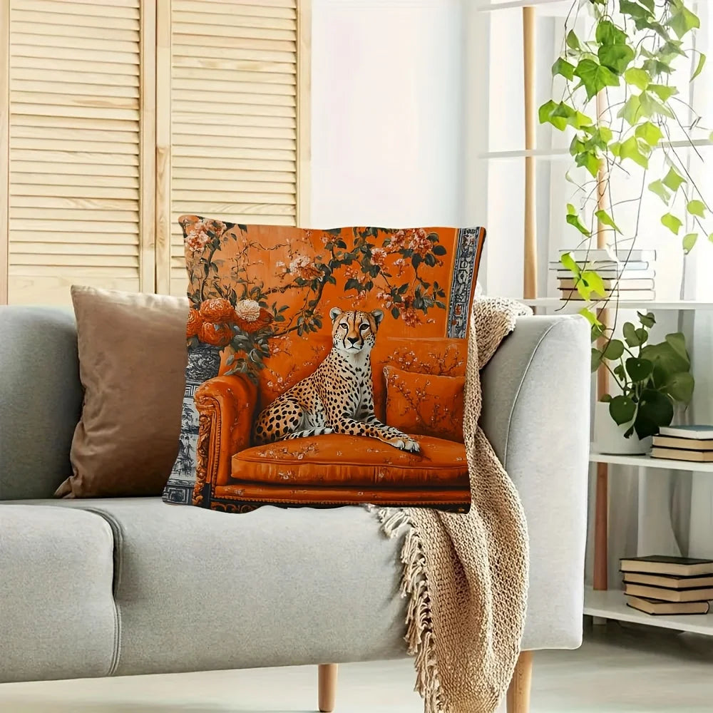 Orange chinoiserie pillow cover with cheetah motif and elegant oriental pattern design