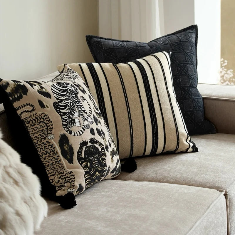 Retro leopard stripe pillow cover in brown and black with geometric animal print design