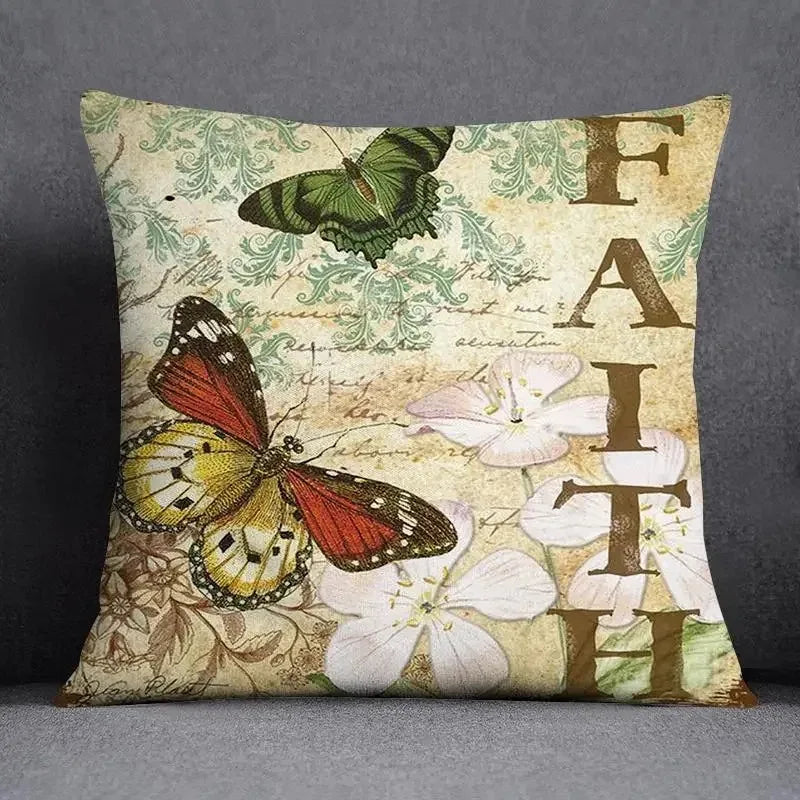 Vintage butterfly pillow cover with floral print and artistic background