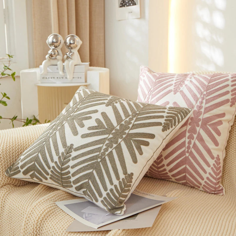 Embroidered Leaf Pillow Cover