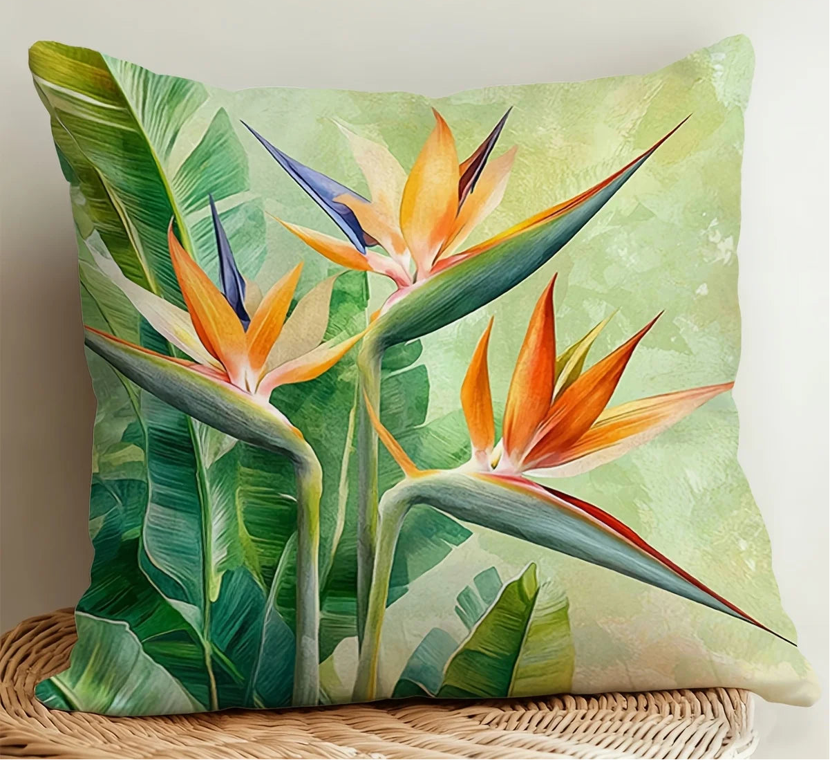 Bird of paradise tropical pillow cover with lush green leaves and vibrant floral botanical design