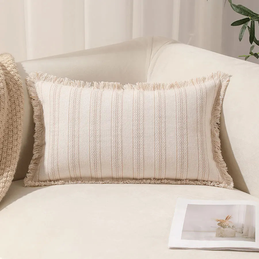 Boho Striped Fringed Pillow Cover