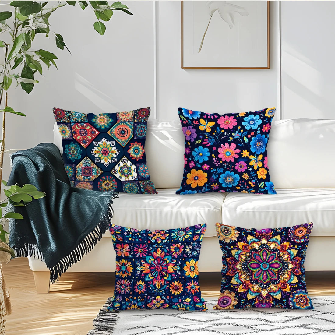 Colorful patterned pillows on a white sofa with a plant and rug in the foreground.