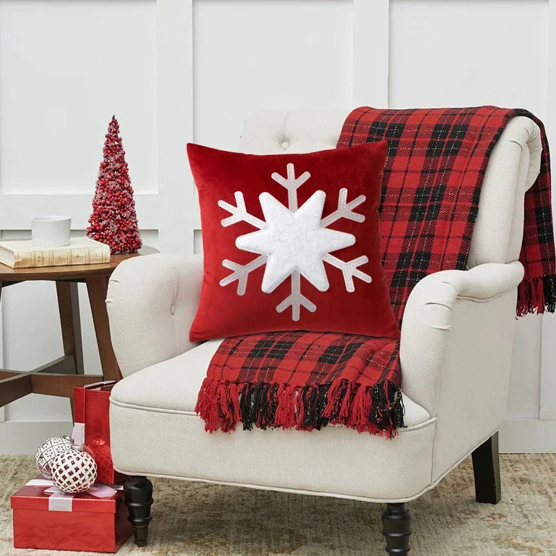 Christmas snowflake velvet pillow cover with festive winter pattern on soft plush fabric