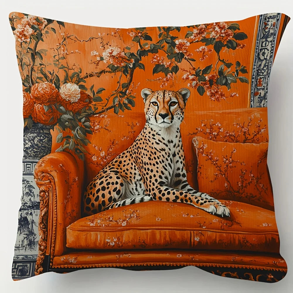 Orange chinoiserie pillow cover with cheetah motif and elegant oriental pattern design
