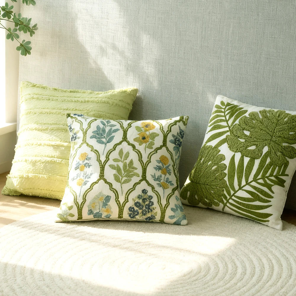 Green Embroidered Towel Pillow Cover