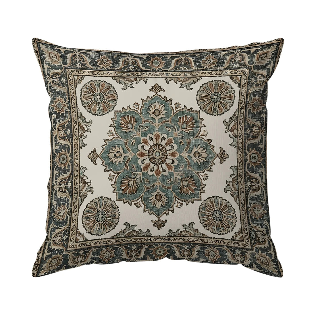 Decorative pillow with intricate floral pattern on a beige background