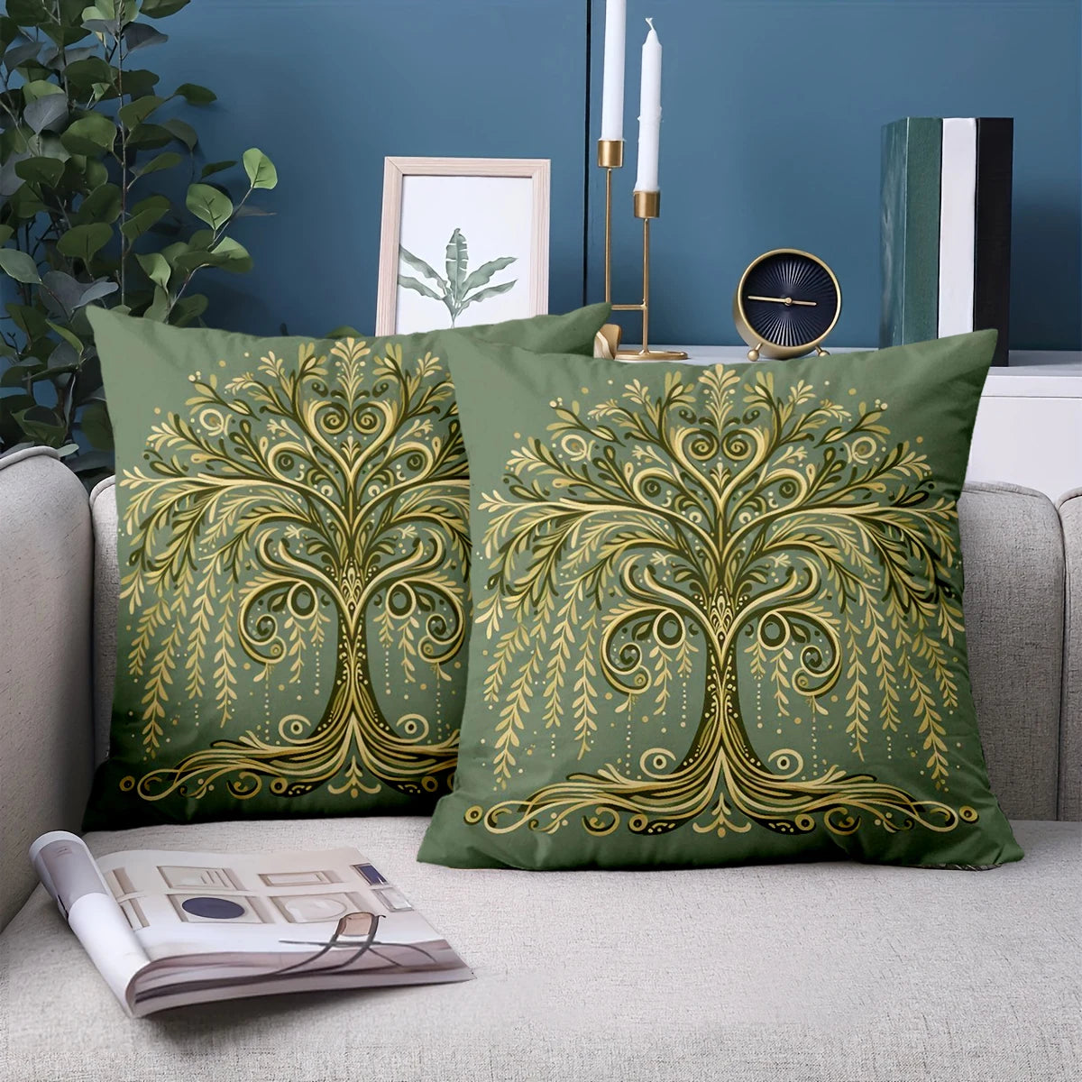 Green and gold tree pillow cover with elegant botanical design on plush fabric