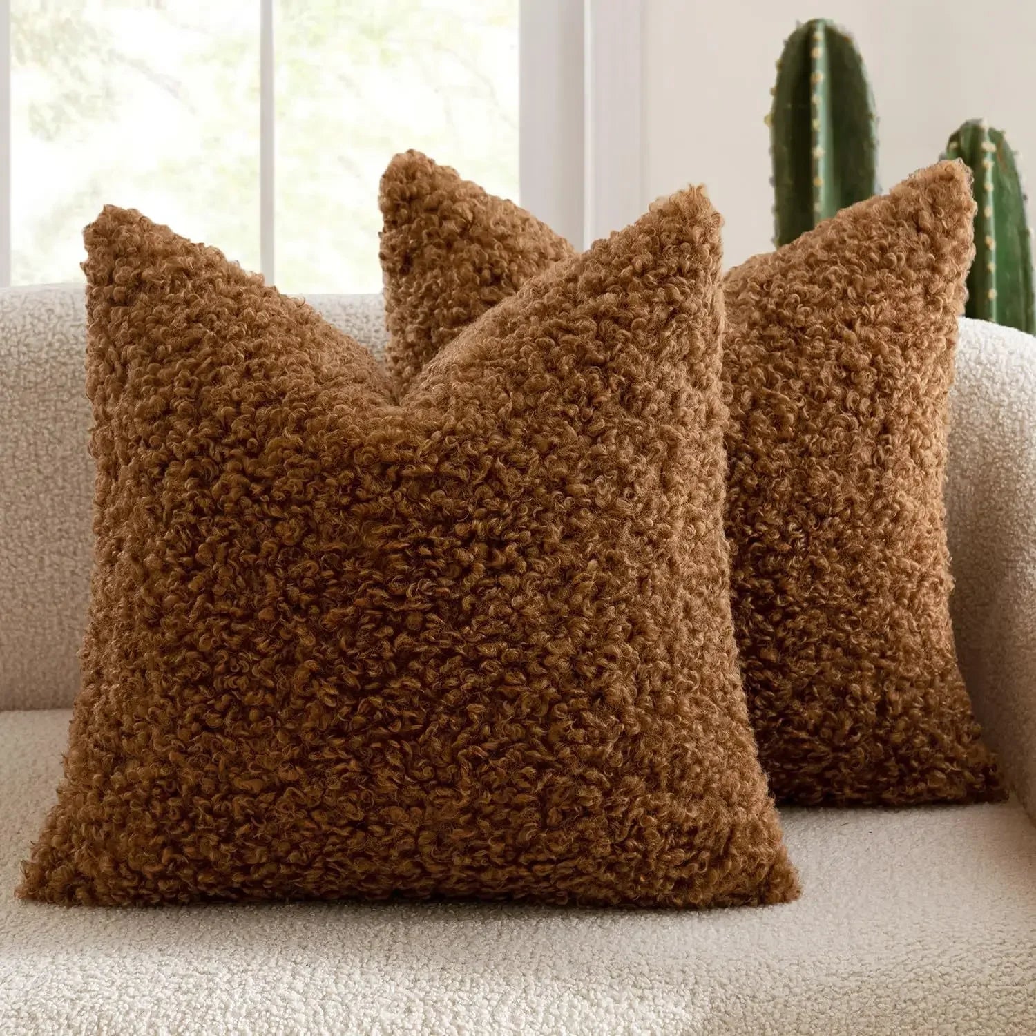 Brown plush lamb fleece teddy pillow cover with soft curly texture and cozy solid color design