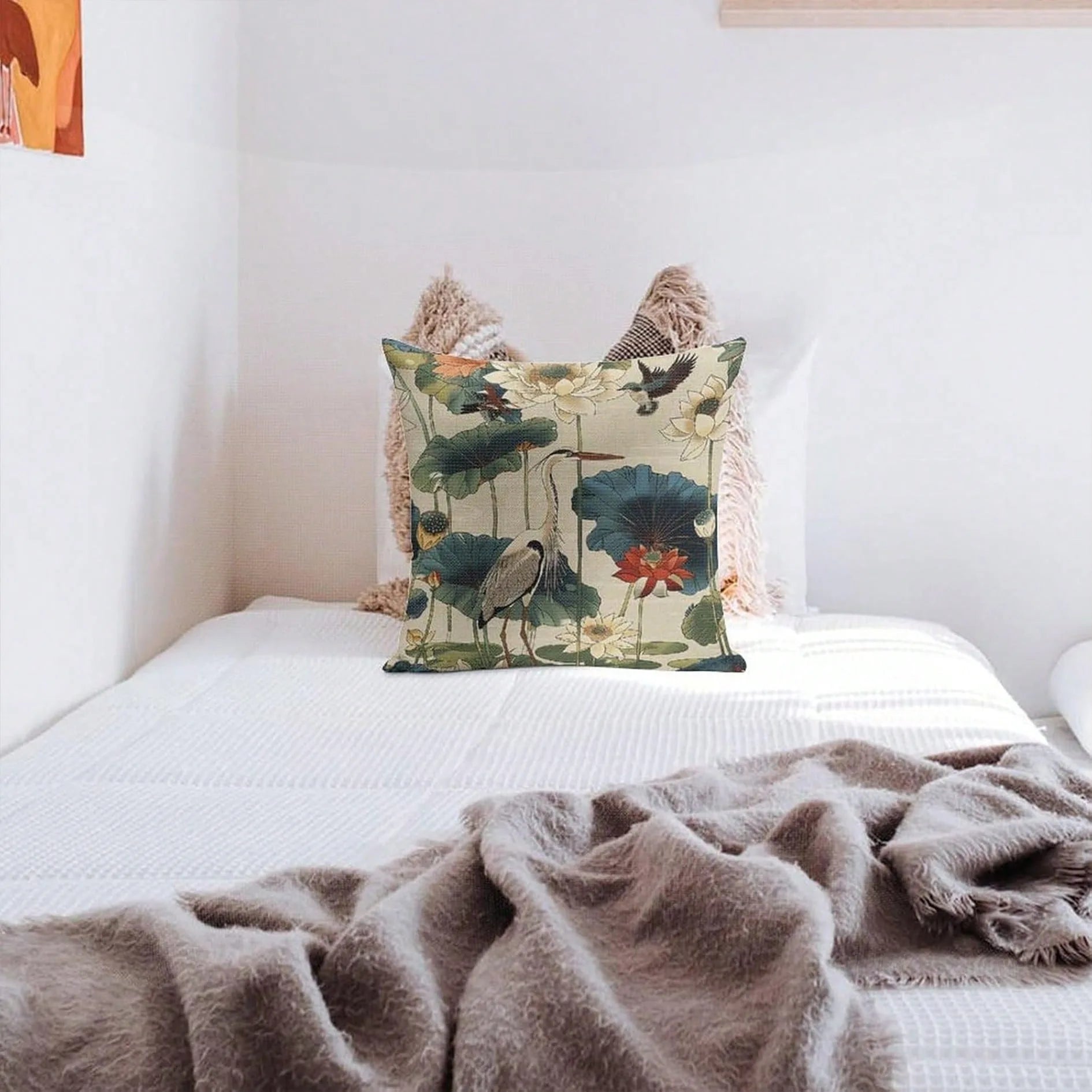 Bird Lotus Vintage Pillow Cover