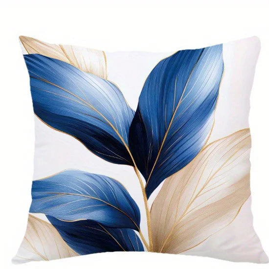 Blue gold leaf pillow cover with elegant botanical pattern on soft peachskin fabric