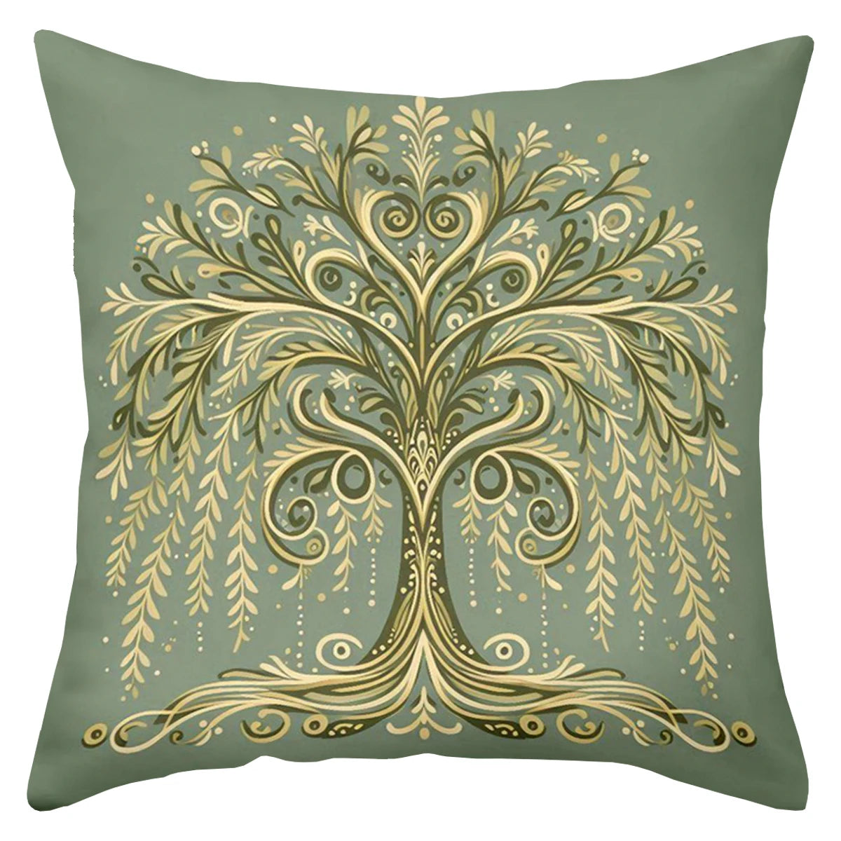 Green and gold tree pillow cover with elegant botanical design on plush fabric