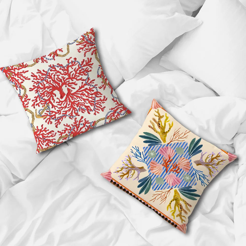 Coral pattern pillow cover with red sea coral design on neutral background