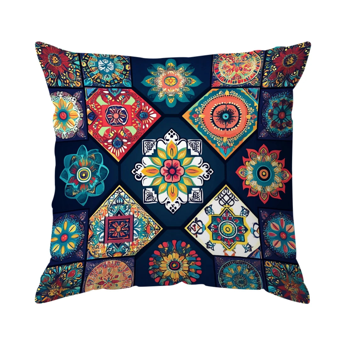 Decorative pillow with colorful geometric patterns on a dark blue background