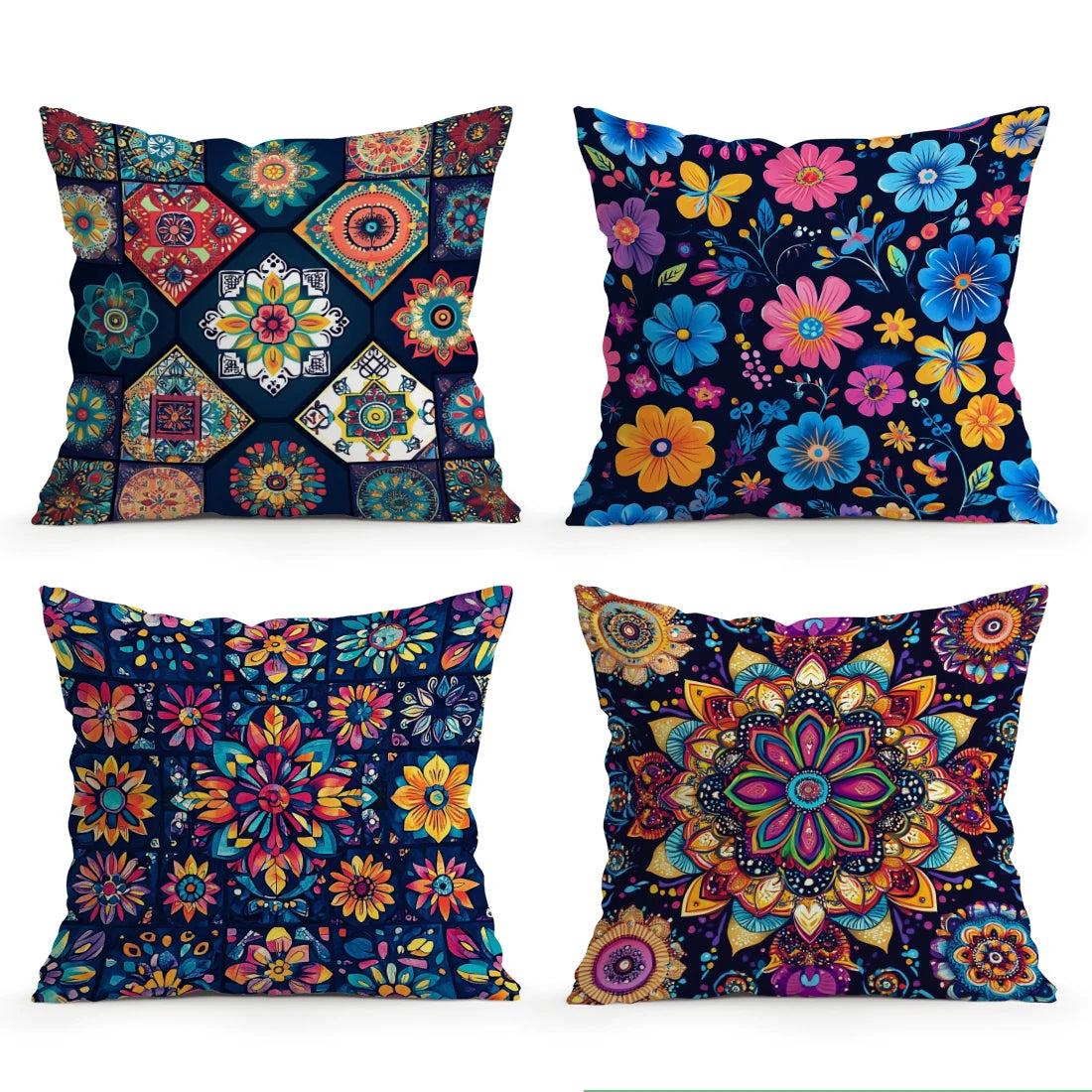 Four colorful patterned pillows on a white background