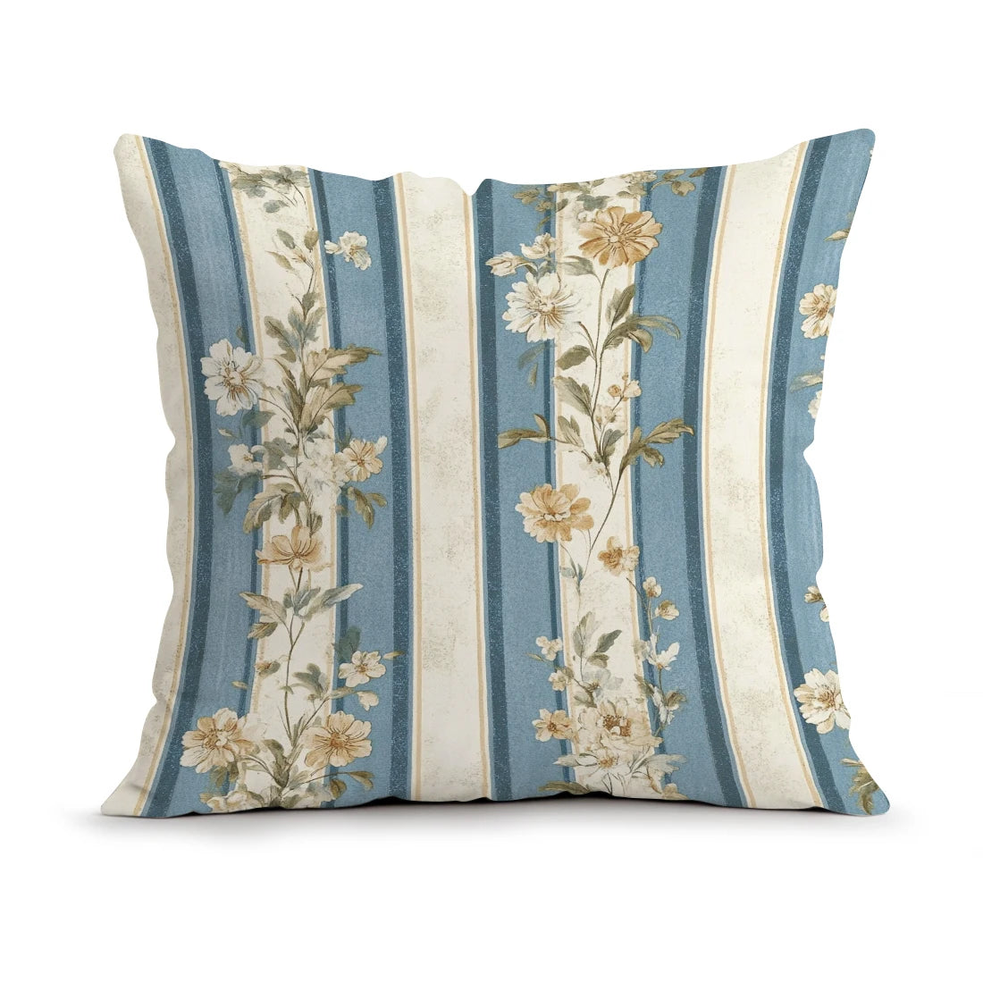Decorative pillow with floral pattern and blue stripes on a white background