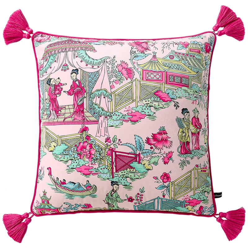 Decorative pillow with Chinese-style pattern and pink tassels on a white background