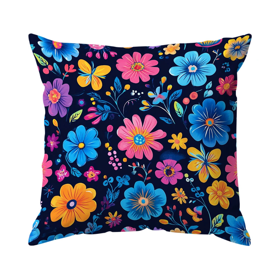 Decorative pillow with colorful floral pattern on a dark background