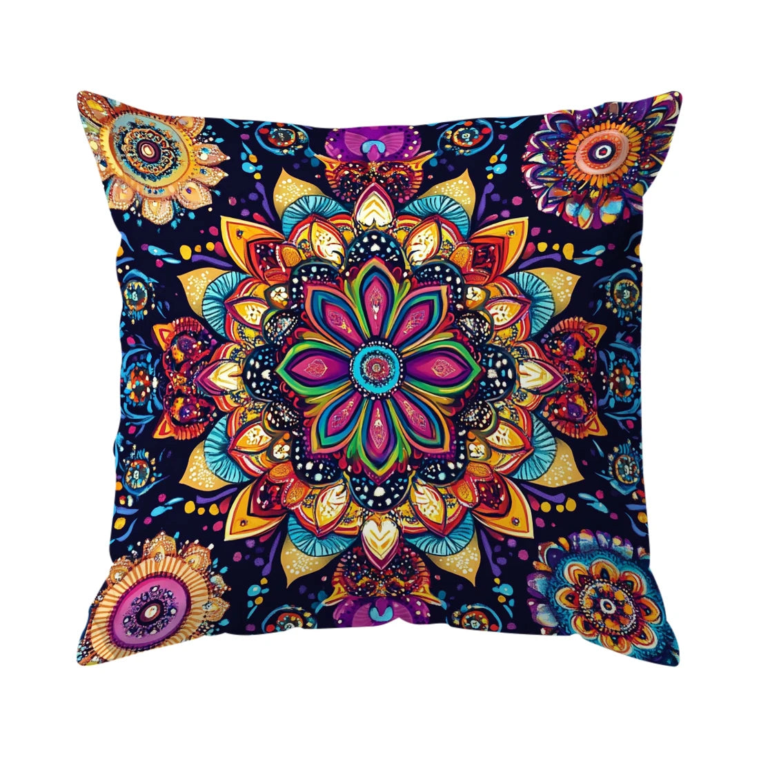Colorful mandala design pillow on a white background