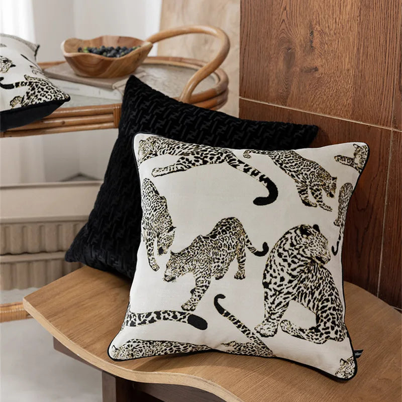 Decorative pillow with leopard pattern on a wooden surface