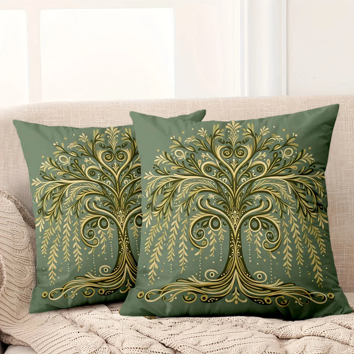 Green and gold tree pillow cover with elegant botanical design on plush fabric