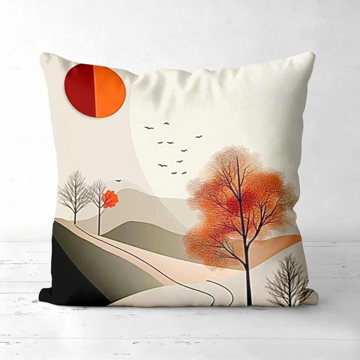 Autumn landscape decorative pillow cover with warm fall scenery and nature-inspired design