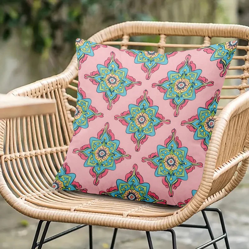 Pink mandala decorative pillow cover with vibrant multicolor geometric pattern design