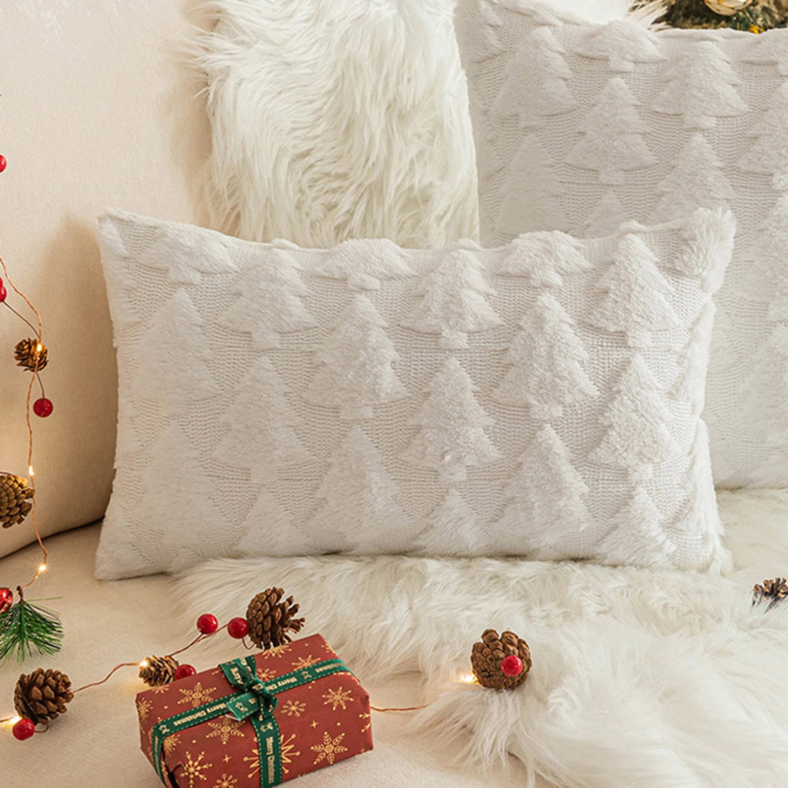 White christmas pillow cover with snowflake and tree pattern in festive winter design