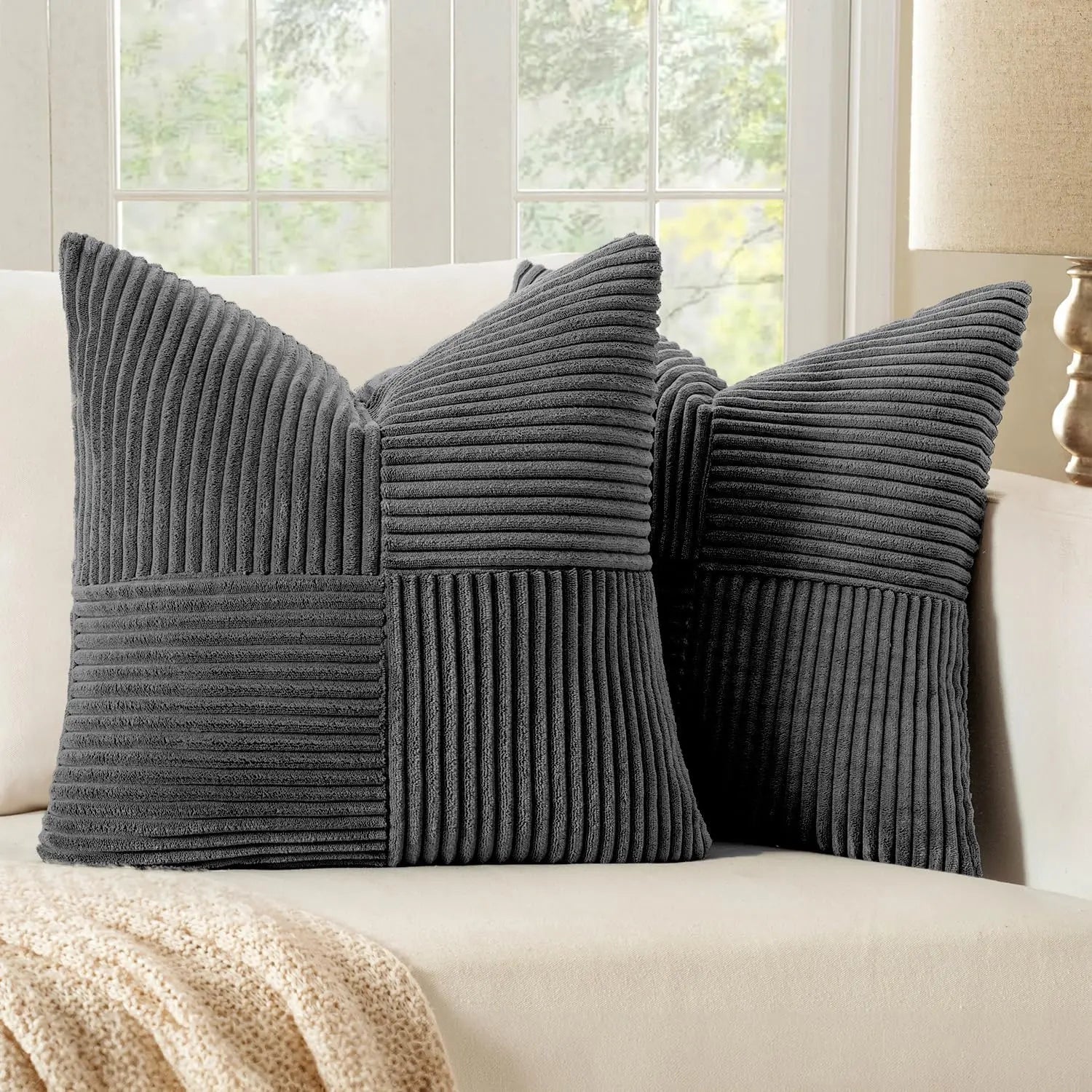 Dark grey corduroy pillow covers with modern ribbed design