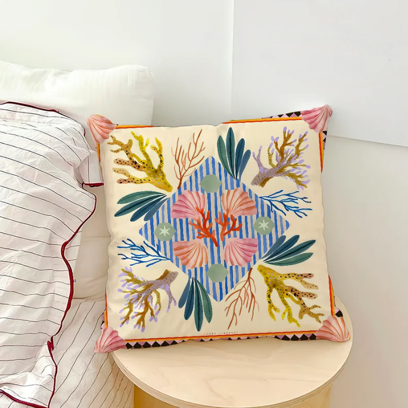 Marine life pillow cover with detailed coral reef scene and vibrant colors