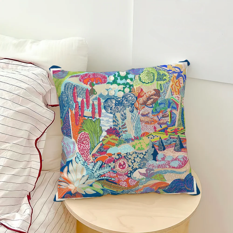 Ocean-themed pillow cover with fish and coral illustrations in artistic style