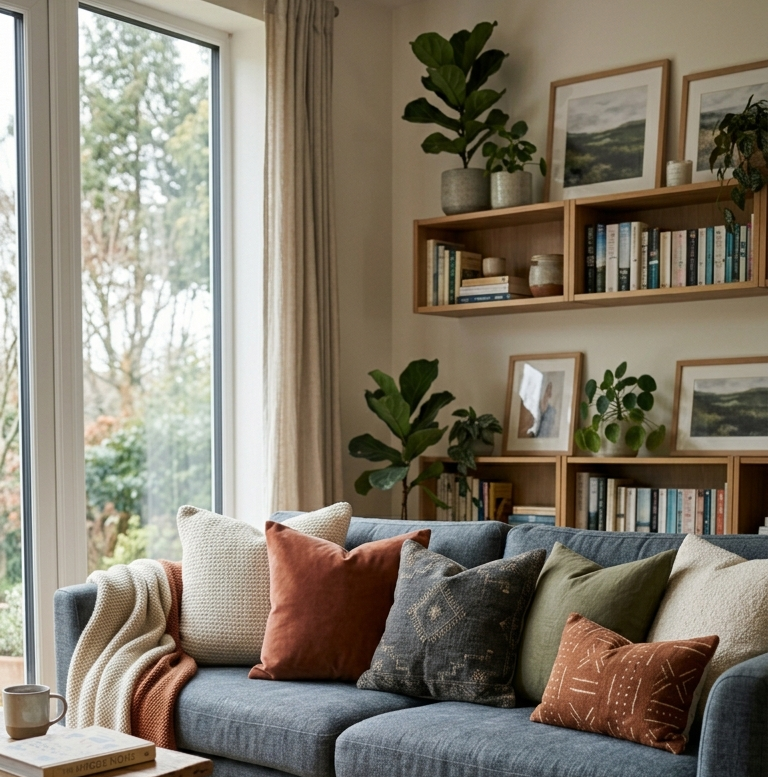 Cozy living room with a blue sofa, colorful pillows, and a large window.