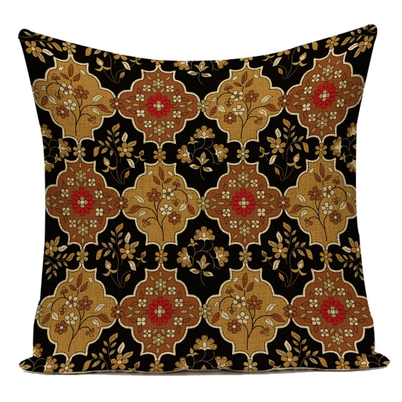 Decorative pillow with a floral pattern on a black background