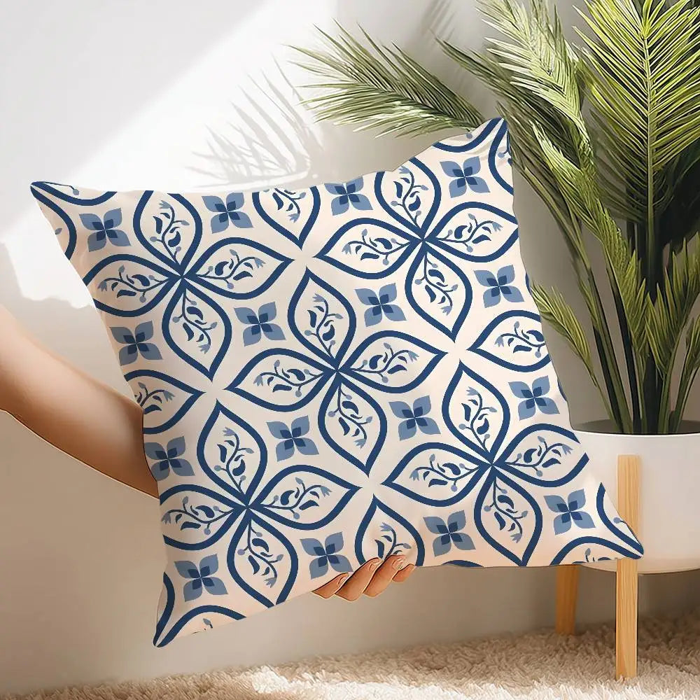Ink blue geometric plush pillow cover with modern abstract pattern on soft fabric