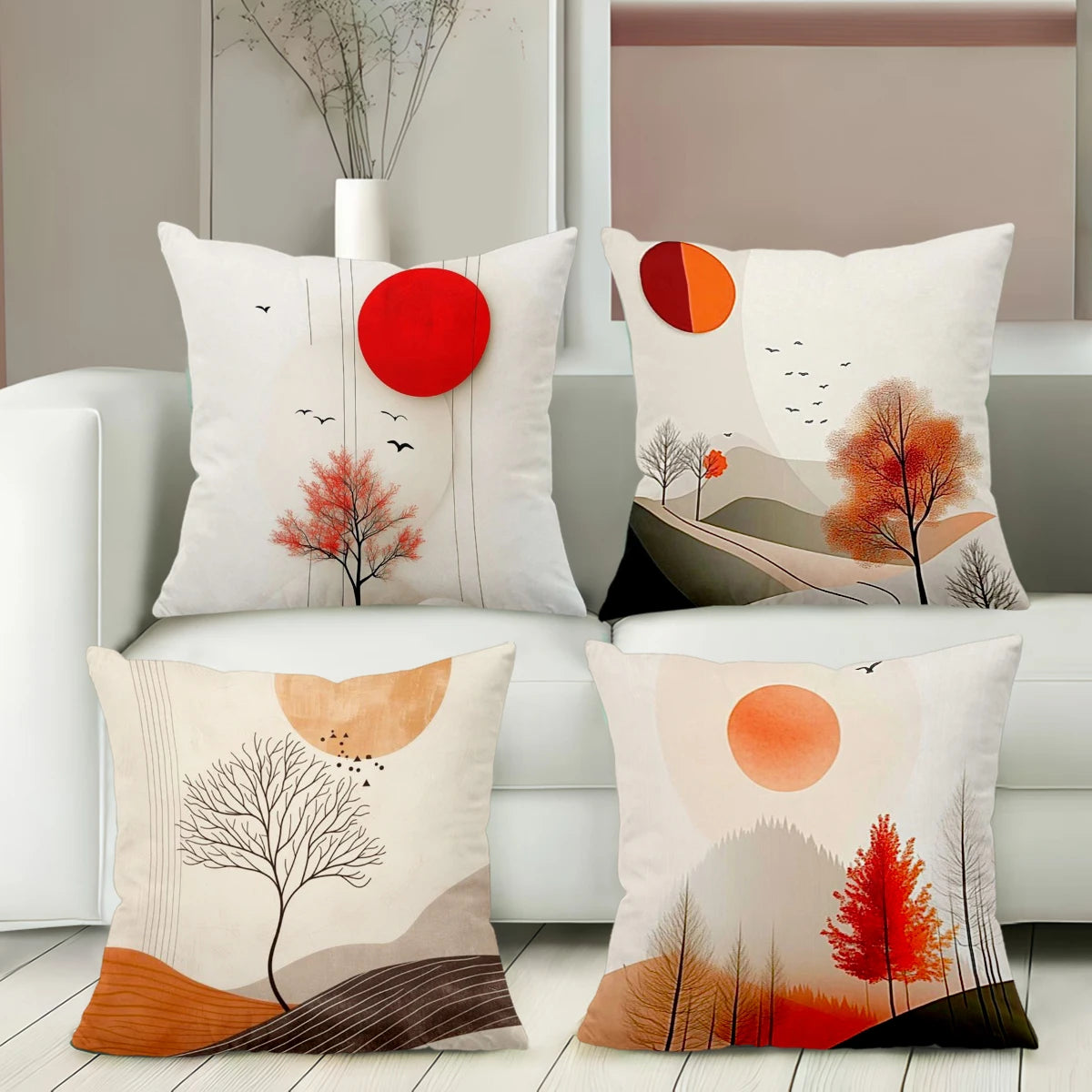 Four decorative pillows with autumn-themed designs on a white sofa.