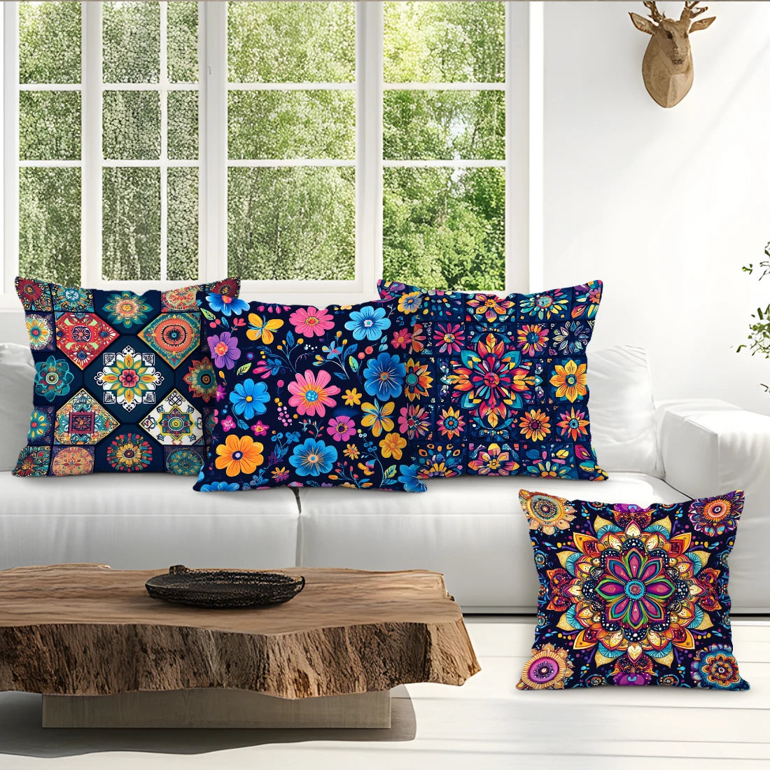 Colorful patterned pillows on a white sofa with a wooden coffee table in front of a window.