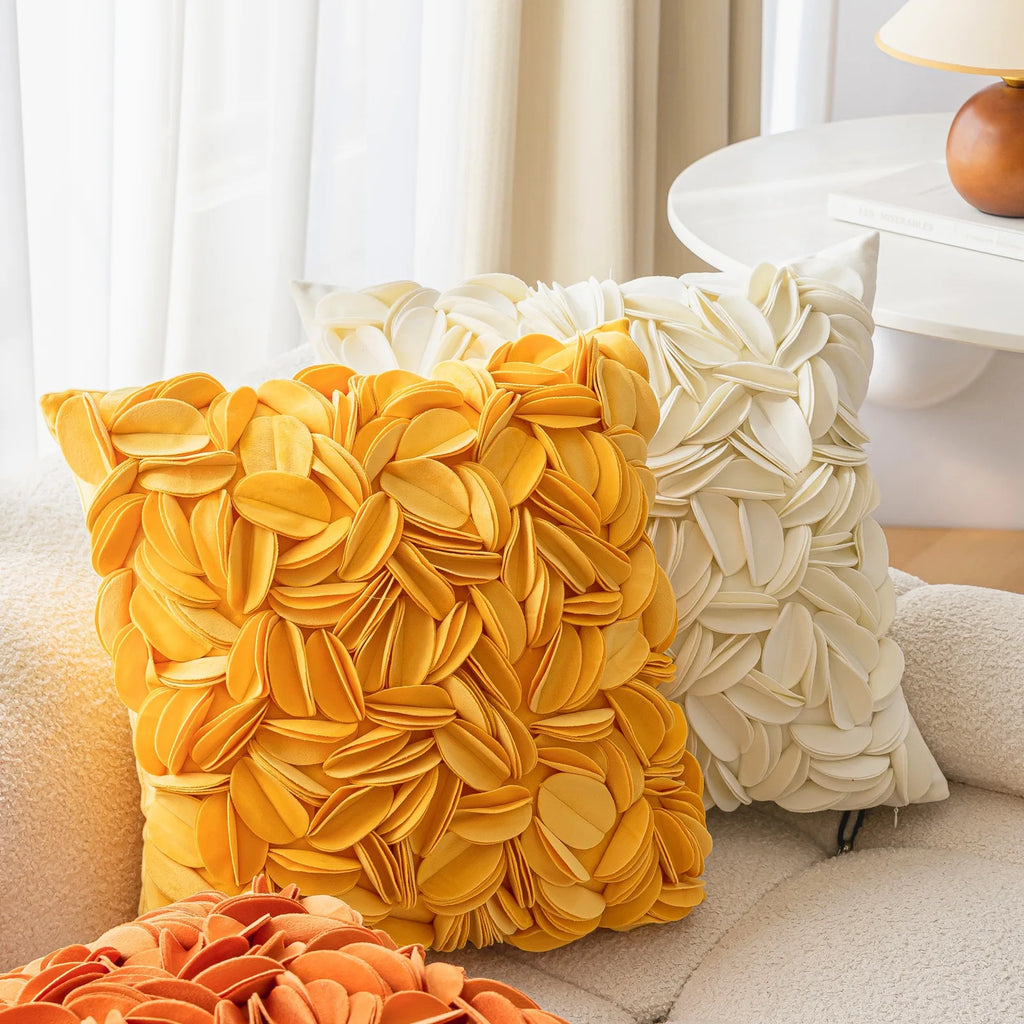 Luxury velvet pillow cover with floral petal embroidery and elegant textured design