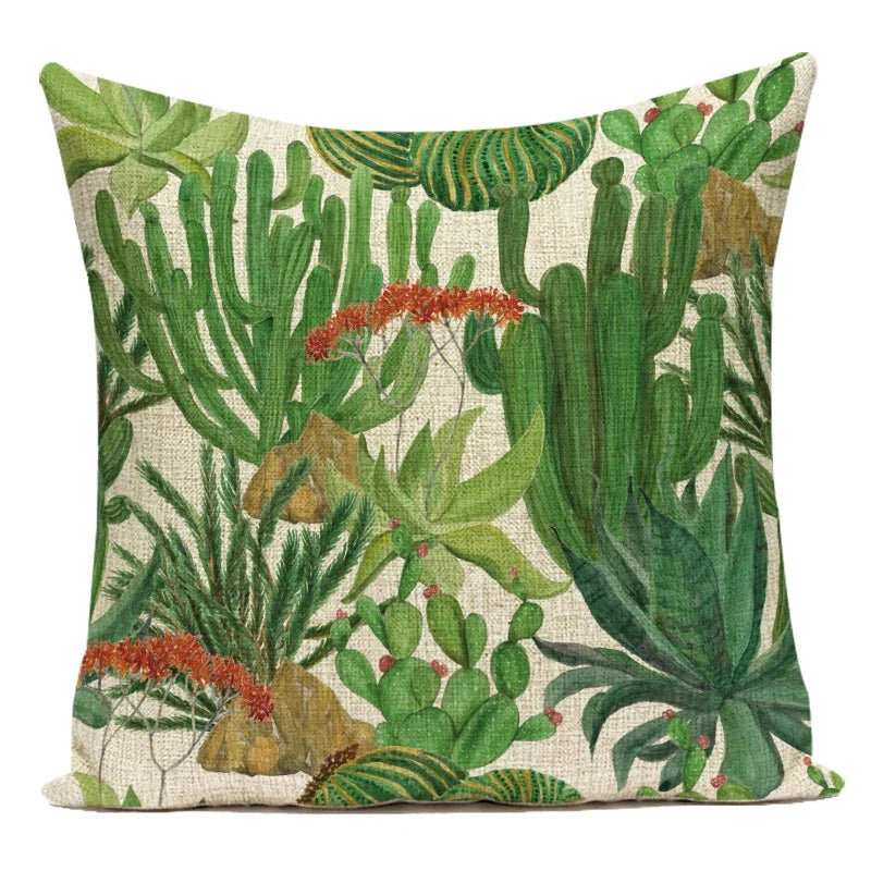 Decorative pillow with a tropical plant pattern on a white background