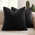 Black plush lamb fleece teddy pillow cover with soft curly texture and cozy solid color design