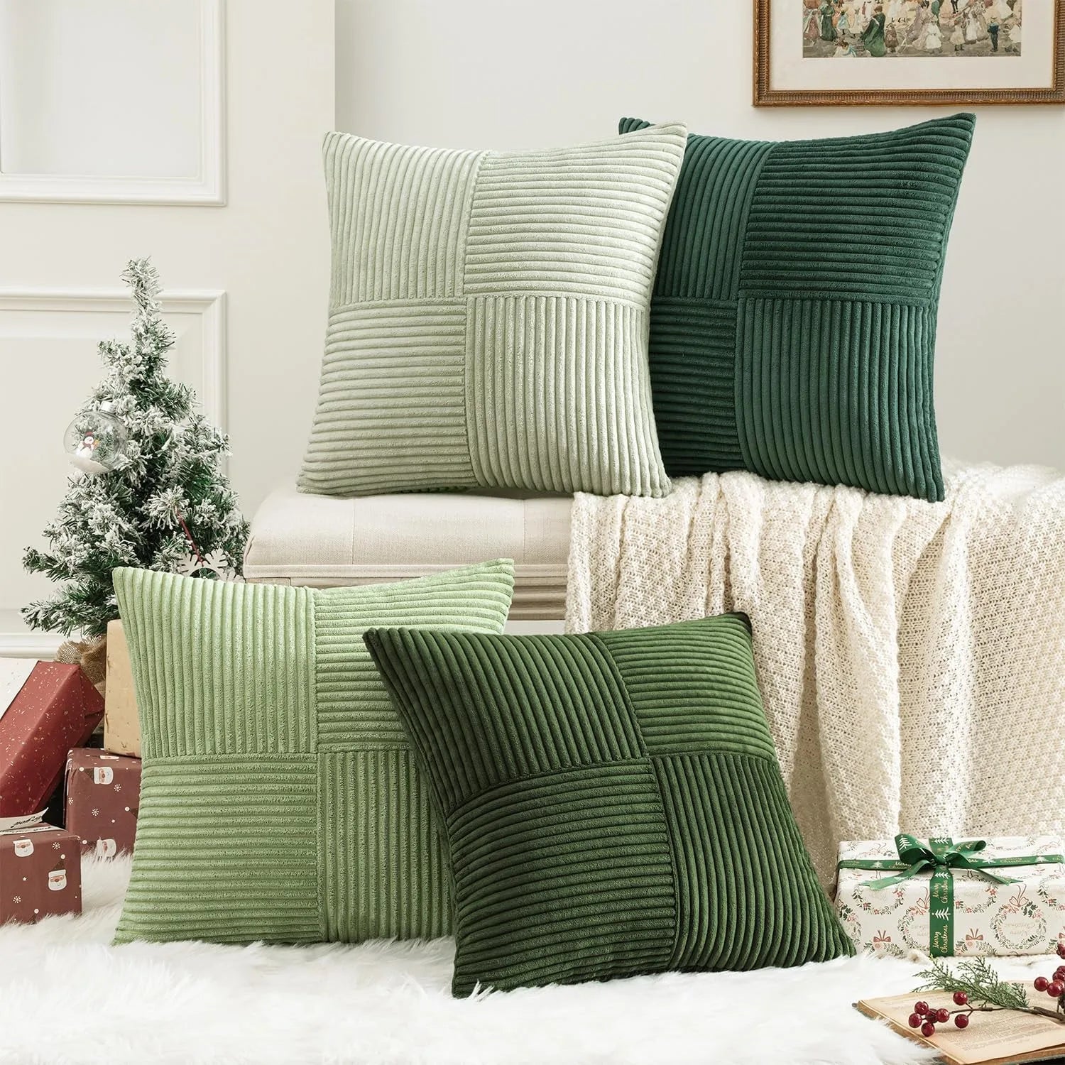 Green striped corduroy pillow covers arranged on bed with cozy decor