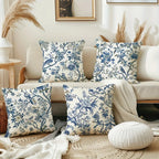 Retro Blue Floral Bird Pillow Cover