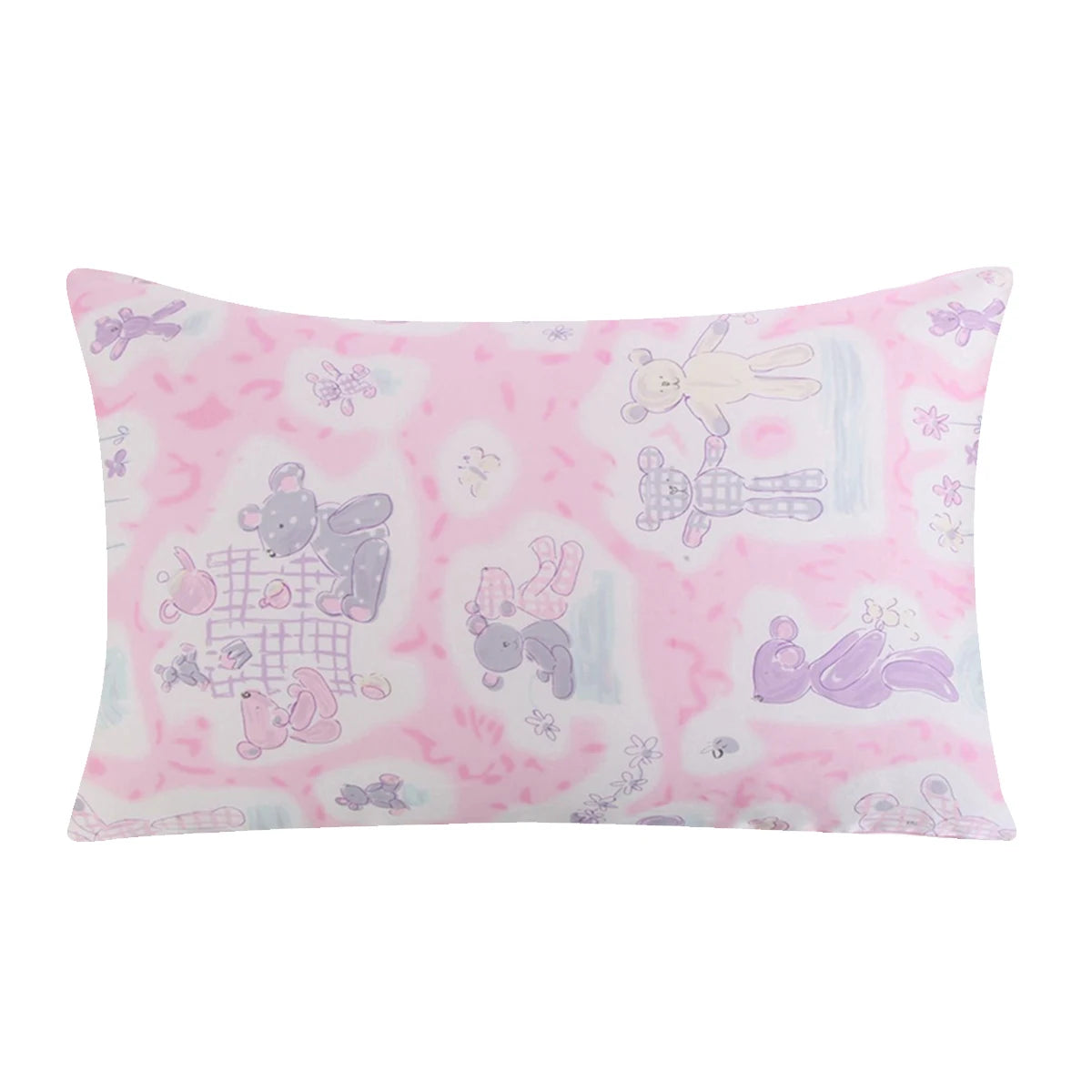 Pink pillowcase with cartoon character design on a white background