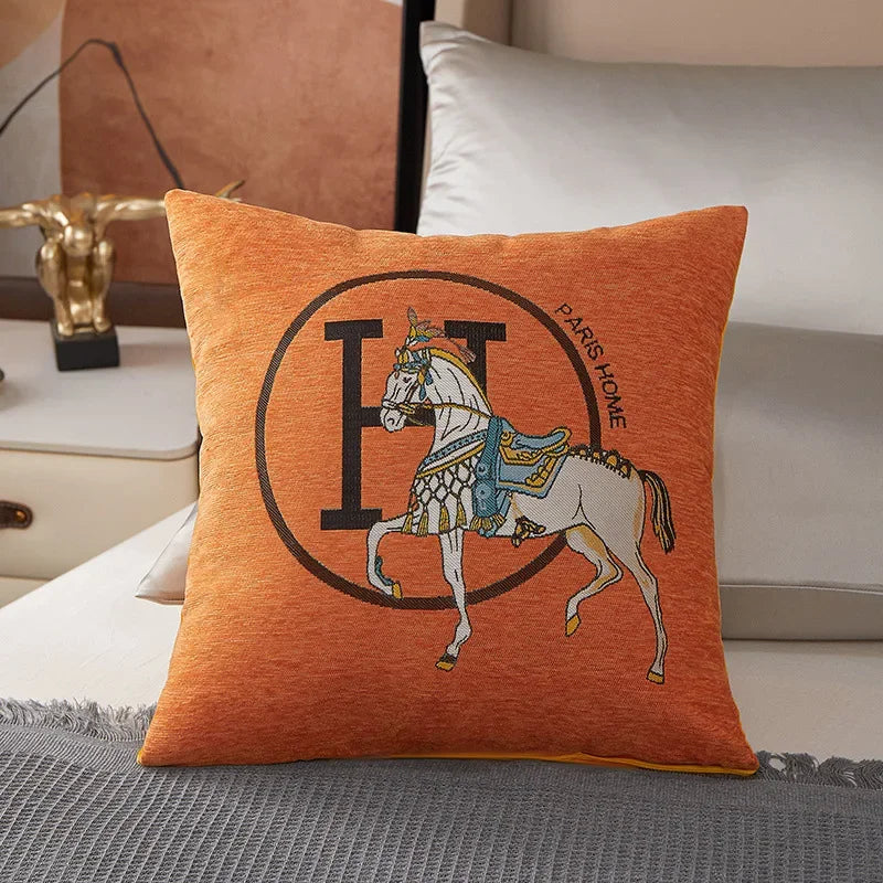 Orange luxury cable knit print pillow cover with textured knit-inspired pattern on soft fabric
