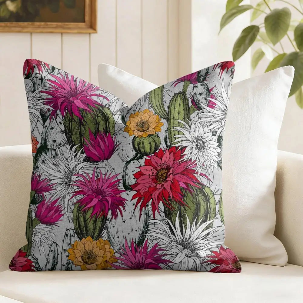 Decorative pillow with floral and cactus design on a couch