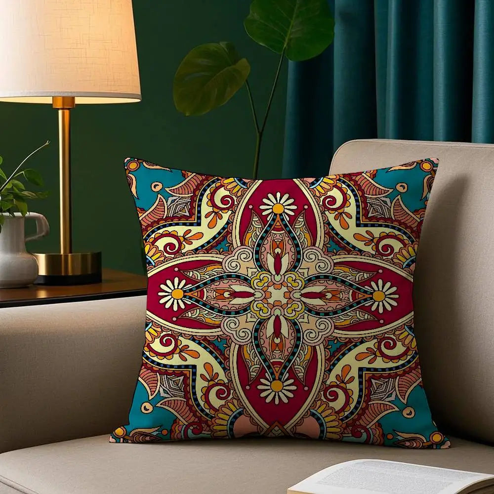 Colorful mandala throw pillow cover with artistic bohemian design